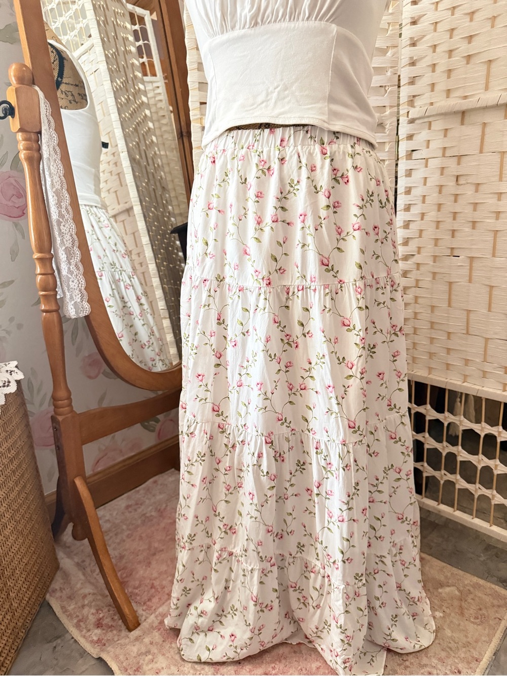 White Dainty Pink Floral Maxi Ski